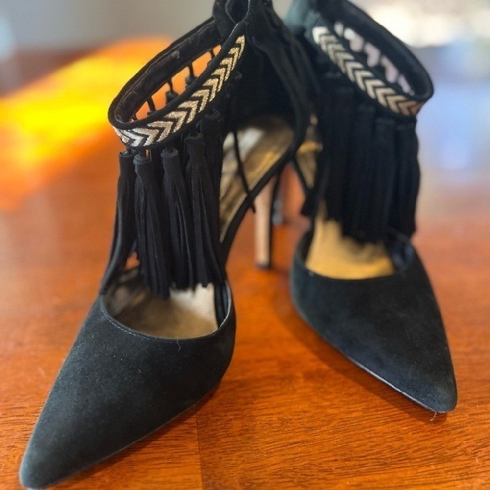 Cynthia Vincent Black Fringe Ankle Strap 4" Heels Pointed Toe Party Shoes 6.5